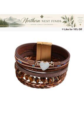 Sparkly Heart Leather Wrap Bracelet Braided Boho Magnetic Buckle Cuff